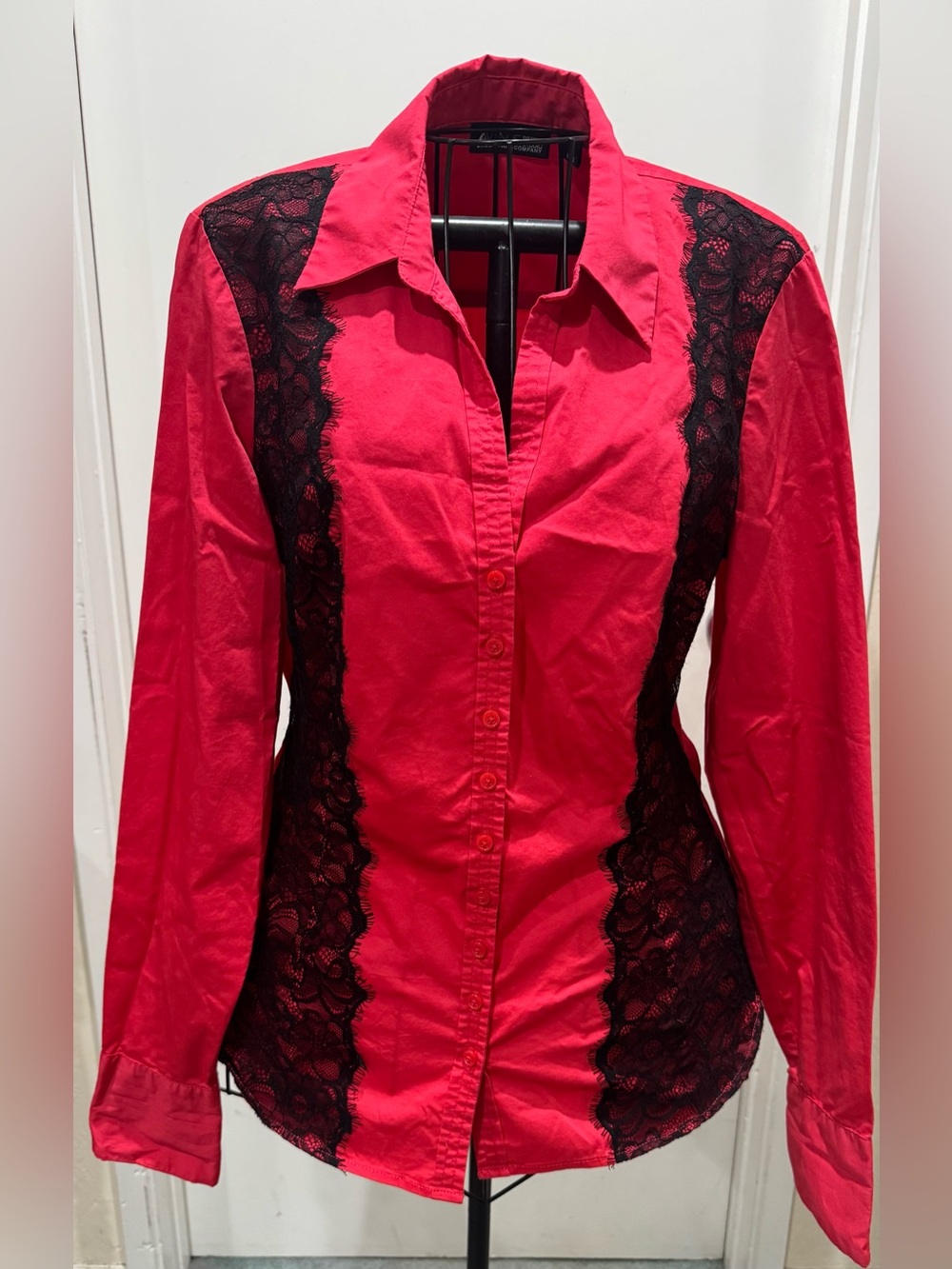 7th Avenue New York and Company Red Button-Up Top with Black Lace Insets